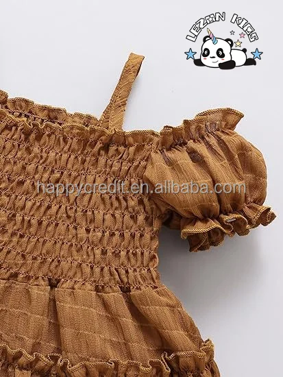LEZONKIDS - Customizable Hot Sale Cold Shoulder Puff Sleeve Shirred Swing a Line Dress 2-4 years for Girls